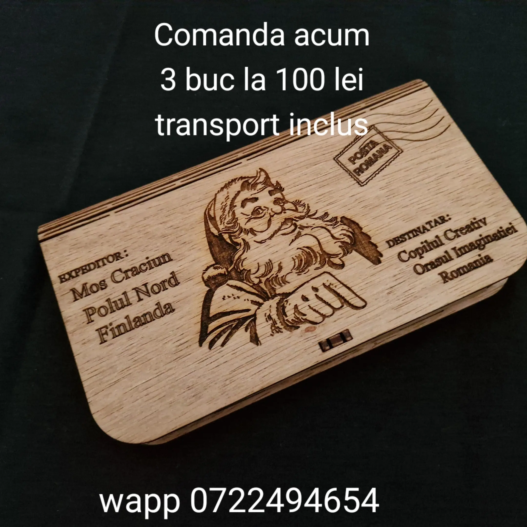 Cutie personalizată, gravată laser — model „Scrisoare de la Moș Crăciun"
