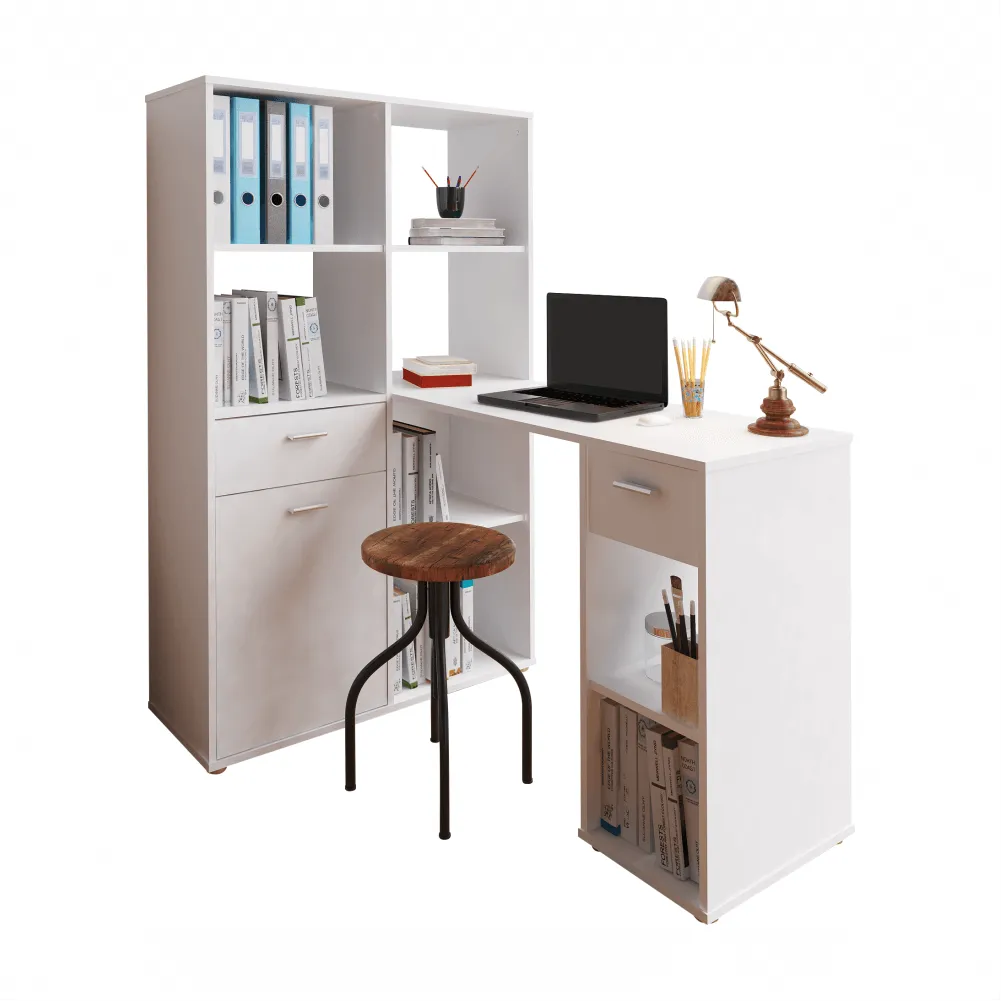 Masă PC MINESON, birou, 124x145x90 cm, PAL melaminat alb | MobilaOK